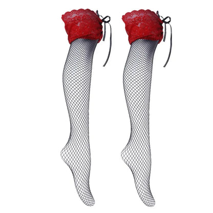 Floral Lace Thigh High Stockings - Sexy Over Knee Elastic Red Black - ZOOMNSTORE