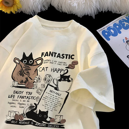 Cartoon Cat Oversized T-Shirt - Casual Short Sleeve Couples Tee - ZOOMNSTORE