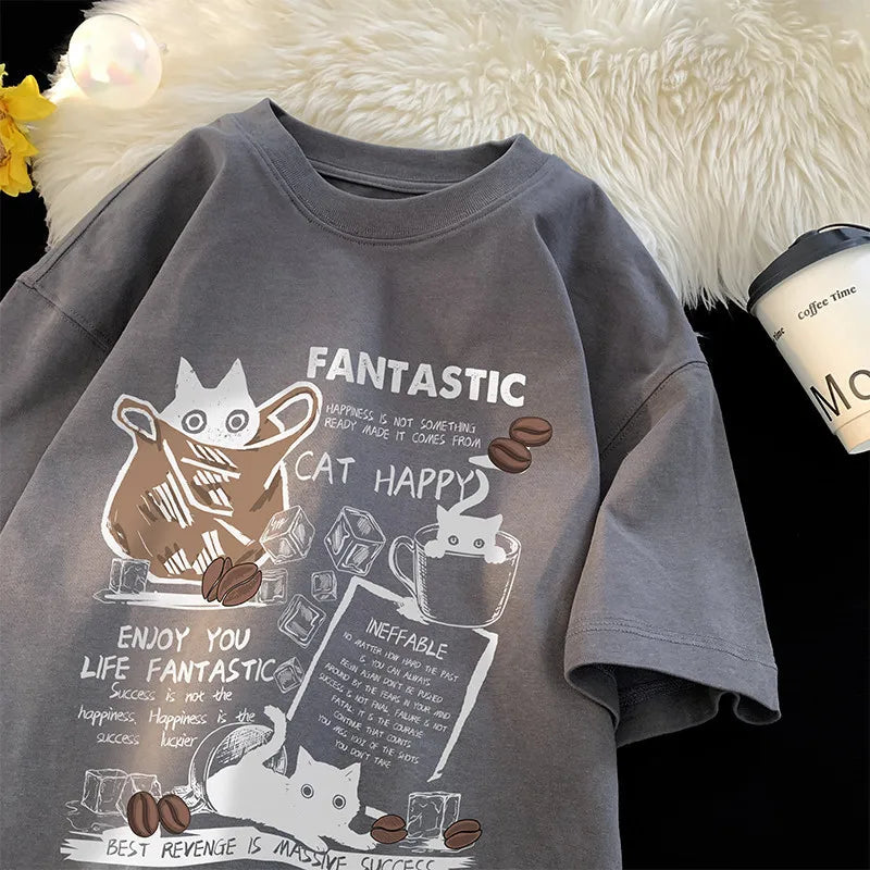 Cartoon Cat Oversized T-Shirt - Casual Short Sleeve Couples Tee - ZOOMNSTORE