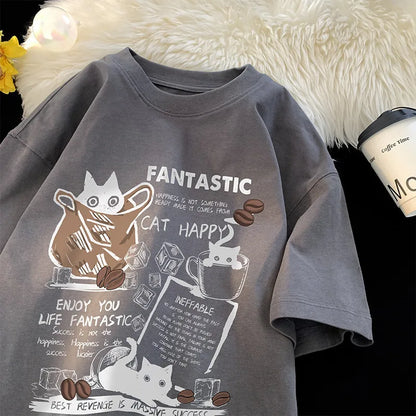 Cartoon Cat Oversized T-Shirt - Casual Short Sleeve Couples Tee - ZOOMNSTORE