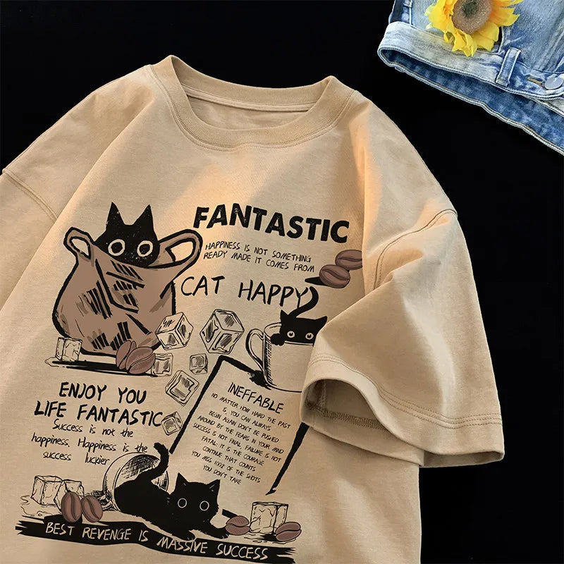 Cartoon Cat Oversized T-Shirt - Casual Short Sleeve Couples Tee - ZOOMNSTORE