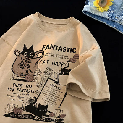 Cartoon Cat Oversized T-Shirt - Casual Short Sleeve Couples Tee - ZOOMNSTORE