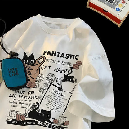 Cartoon Cat Oversized T-Shirt - Casual Short Sleeve Couples Tee - ZOOMNSTORE