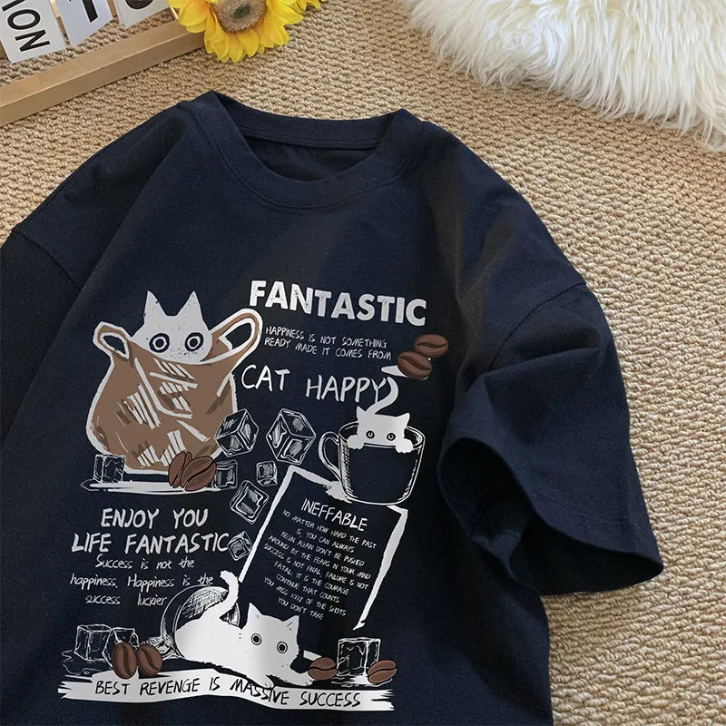 Cartoon Cat Oversized T-Shirt - Casual Short Sleeve Couples Tee - ZOOMNSTORE