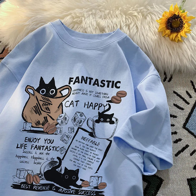 Cartoon Cat Oversized T-Shirt - Casual Short Sleeve Couples Tee - ZOOMNSTORE