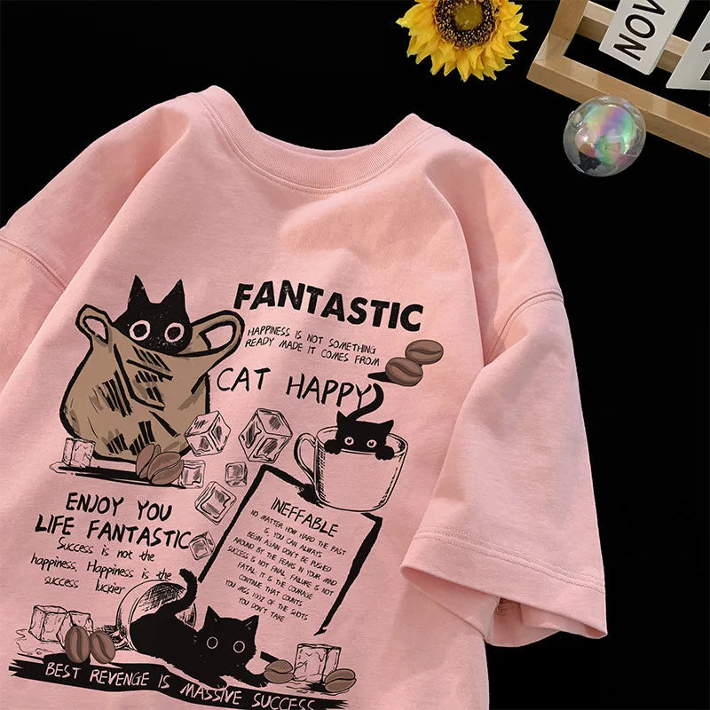 Cartoon Cat Oversized T-Shirt - Casual Short Sleeve Couples Tee - ZOOMNSTORE