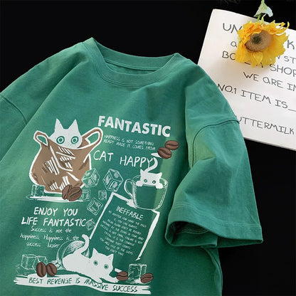 Cartoon Cat Oversized T-Shirt - Casual Short Sleeve Couples Tee - ZOOMNSTORE