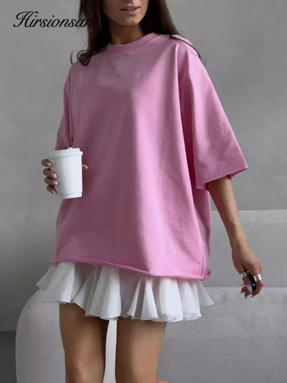 Casual Oversized Cotton T-shirt for Women - Pink O-neck Aesthetic Top - ZOOMNSTORE