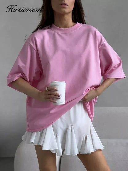 Casual Oversized Cotton T-shirt for Women - Pink O-neck Aesthetic Top - ZOOMNSTORE