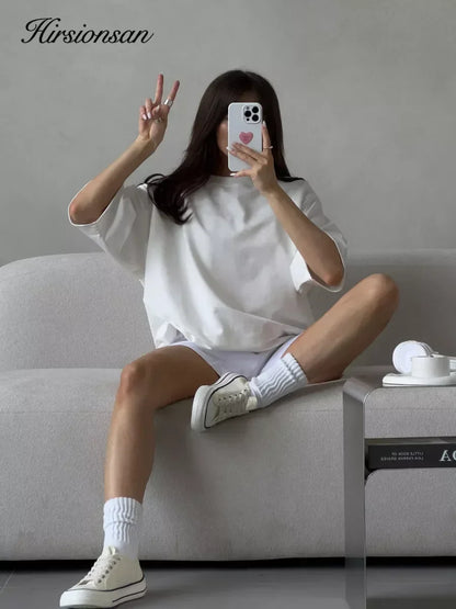 Casual Oversized Cotton T-shirt for Women - Pink O-neck Aesthetic Top - ZOOMNSTORE