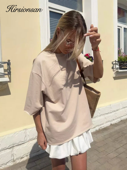 Casual Oversized Cotton T-shirt for Women - Pink O-neck Aesthetic Top - ZOOMNSTORE