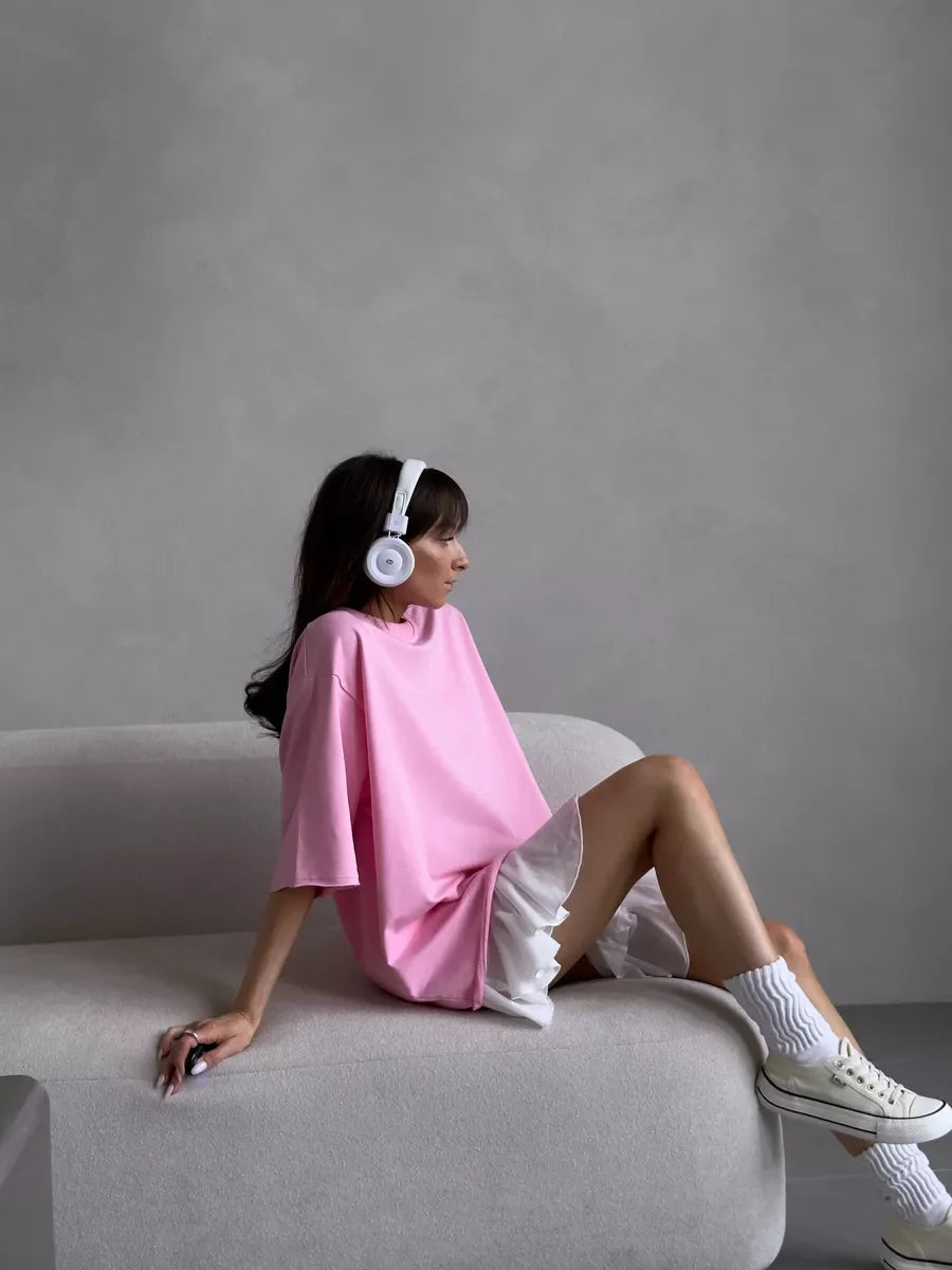 Casual Oversized Cotton T-shirt for Women - Pink O-neck Aesthetic Top - ZOOMNSTORE