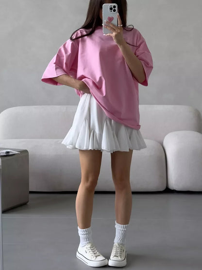 Casual Oversized Cotton T-shirt for Women - Pink O-neck Aesthetic Top - ZOOMNSTORE