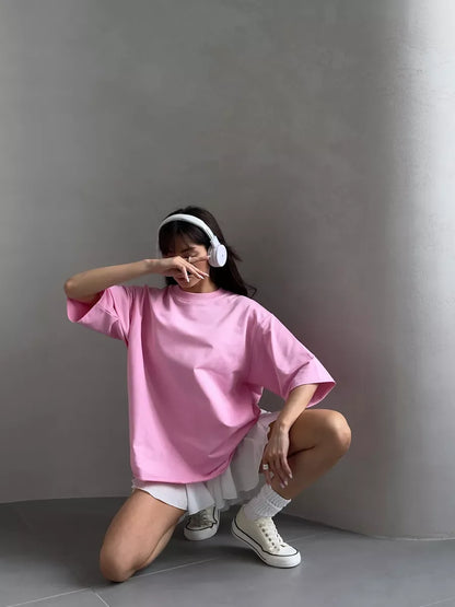 Casual Oversized Cotton T-shirt for Women - Pink O-neck Aesthetic Top - ZOOMNSTORE