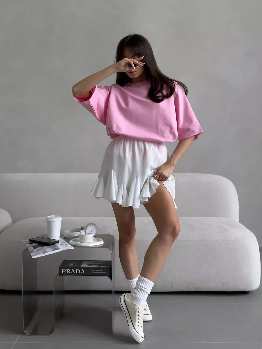 Casual Oversized Cotton T-shirt for Women - Pink O-neck Aesthetic Top - ZOOMNSTORE