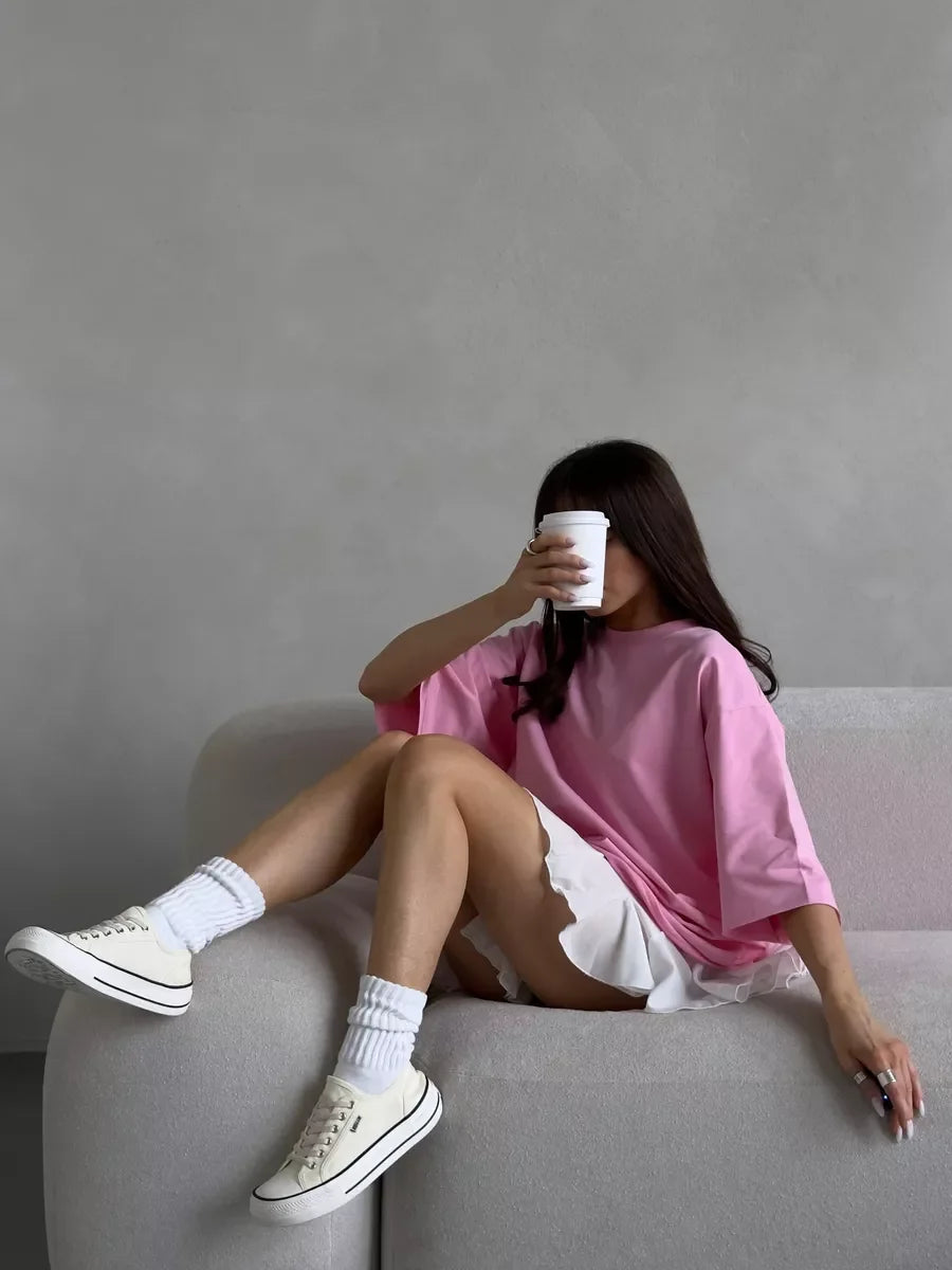Casual Oversized Cotton T-shirt for Women - Pink O-neck Aesthetic Top - ZOOMNSTORE