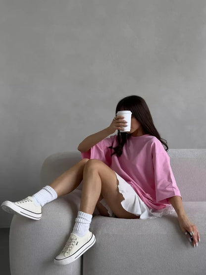 Casual Oversized Cotton T-shirt for Women - Pink O-neck Aesthetic Top - ZOOMNSTORE