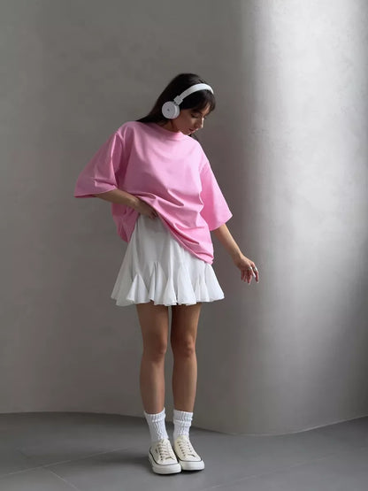 Casual Oversized Cotton T-shirt for Women - Pink O-neck Aesthetic Top - ZOOMNSTORE