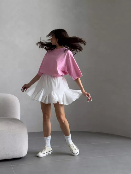 Casual Oversized Cotton T-shirt for Women - Pink O-neck Aesthetic Top - ZOOMNSTORE