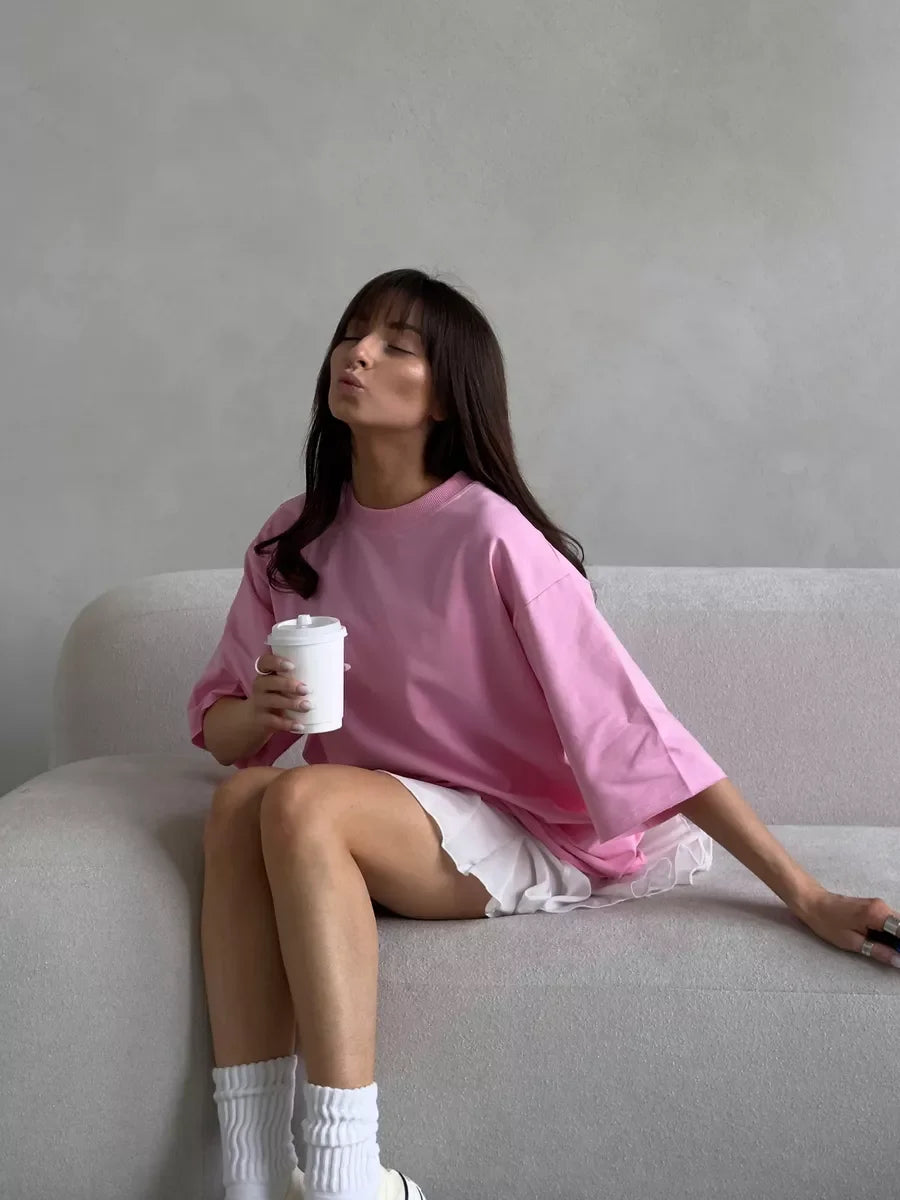 Casual Oversized Cotton T-shirt for Women - Pink O-neck Aesthetic Top - ZOOMNSTORE