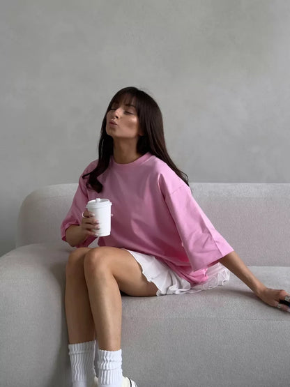 Casual Oversized Cotton T-shirt for Women - Pink O-neck Aesthetic Top - ZOOMNSTORE