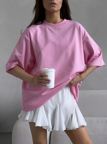 Casual Oversized Cotton T-shirt for Women - Pink O-neck Aesthetic Top - ZOOMNSTORE