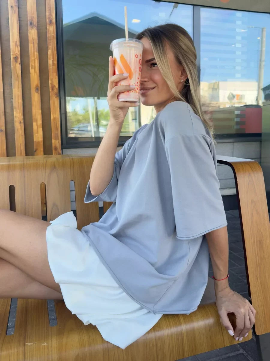 Casual Oversized Cotton T-shirt for Women - Pink O-neck Aesthetic Top - ZOOMNSTORE