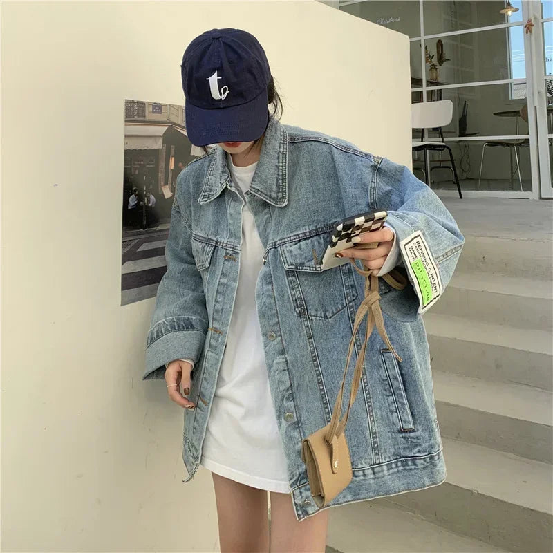 Oversized Denim Jacket for Women - Korean Loose Long Sleeve Jean Jacket 2024 - ZOOMNSTORE