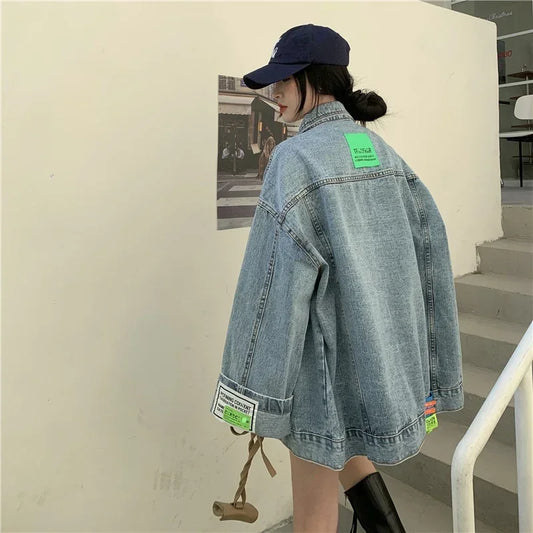 Oversized Denim Jacket for Women - Korean Loose Long Sleeve Jean Jacket 2024 - ZOOMNSTORE