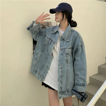 Oversized Denim Jacket for Women - Korean Loose Long Sleeve Jean Jacket 2024 - ZOOMNSTORE