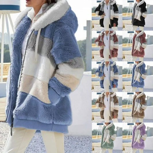 Oversized Hooded Plush Jacket for Women - Warm Autumn Winter Streetwear Coat - ZOOMNSTORE