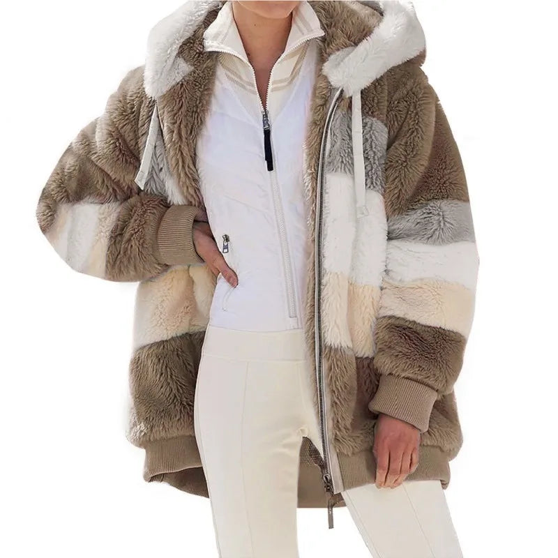 Oversized Hooded Plush Jacket for Women - Warm Autumn Winter Streetwear Coat - ZOOMNSTORE