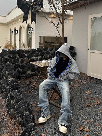 Mauroicardi Spring Oversized Reversible Hoodies Men Luxury Designer Clothing Hoodie with Plaid Lining Sweatshirt Streetwear 2025 - ZOOMNSTORE