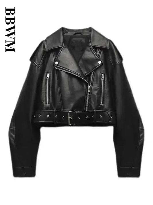 Oversized Vintage Faux Leather Biker Jacket with Belt - Womens Retro Moto Coat - ZOOMNSTORE