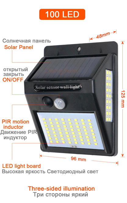 PIR Motion Sensor 100LED Sunlight control 3 sided Solar Energy Street light Yard Path Home Garden Solar Power lamp Wall Light - ZOOMNSTORE