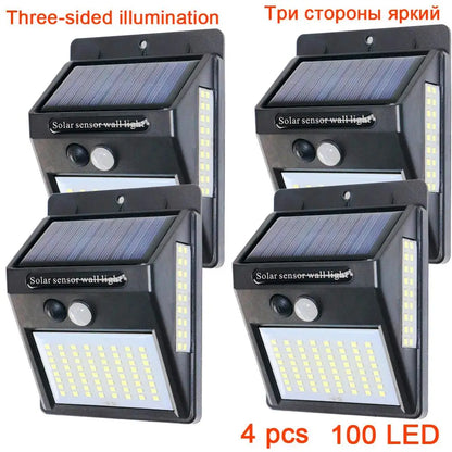 PIR Motion Sensor 100LED Sunlight control 3 sided Solar Energy Street light Yard Path Home Garden Solar Power lamp Wall Light - ZOOMNSTORE