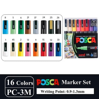 16pcs Japan UNI POSCA Markers Set Acrylic Graffiti Drawing Permanent Waterproof Children's Drawing PC-3M/1M/5M Art Supplies - ZOOMNSTORE