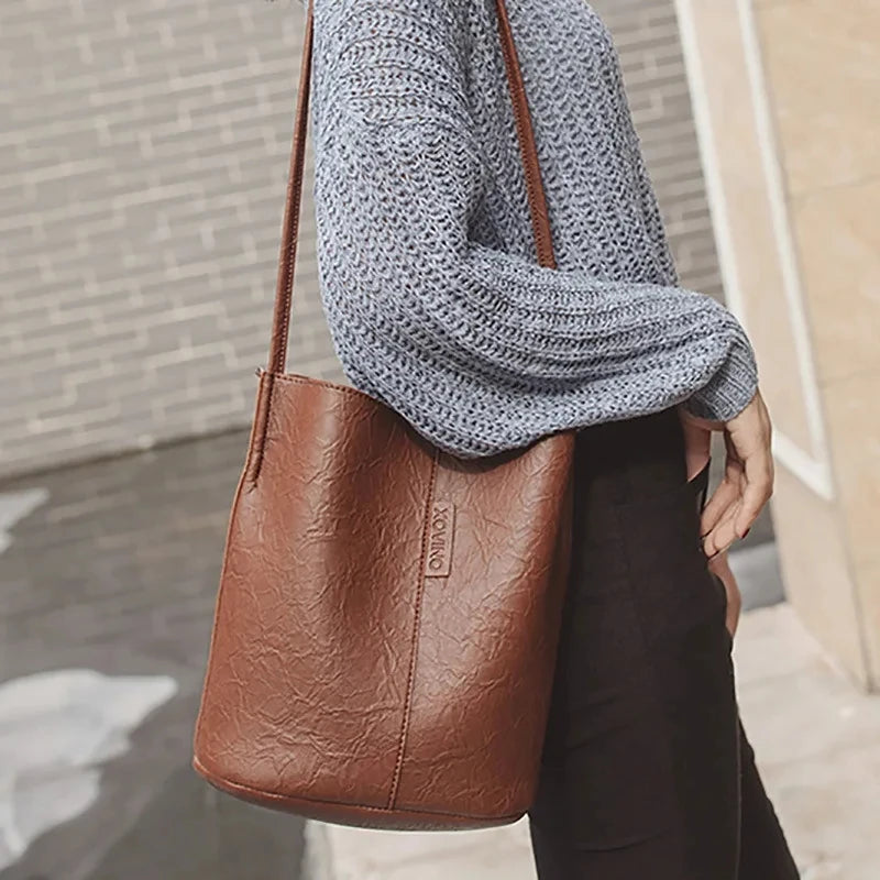 PU Bucket Bag - Women Shoulder Bag With Zipper Closure & Single Strap Fashion - ZOOMNSTORE