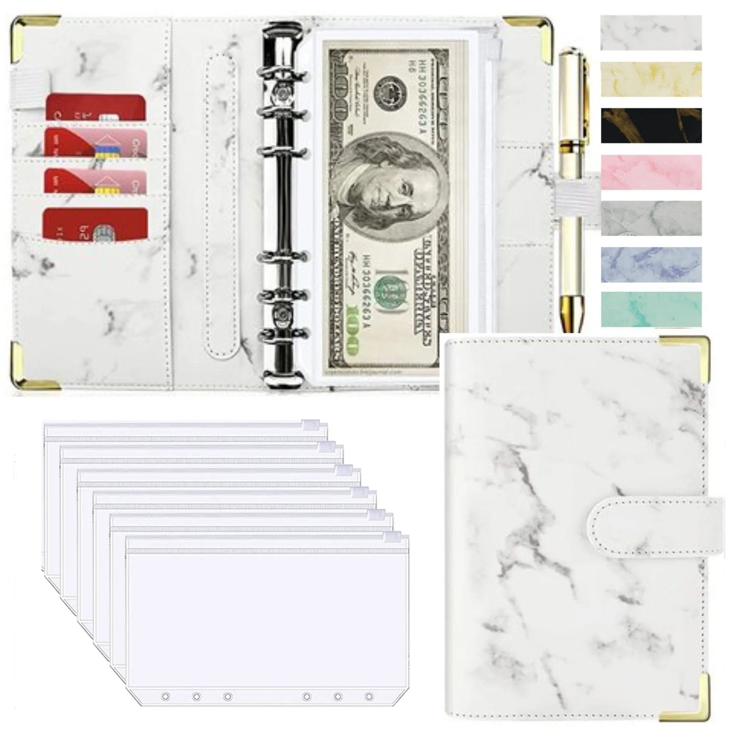 A6 Budget Binder - PU Leather Money Organizer with Marble Notebook for Office  School Supplies - ZOOMNSTORE