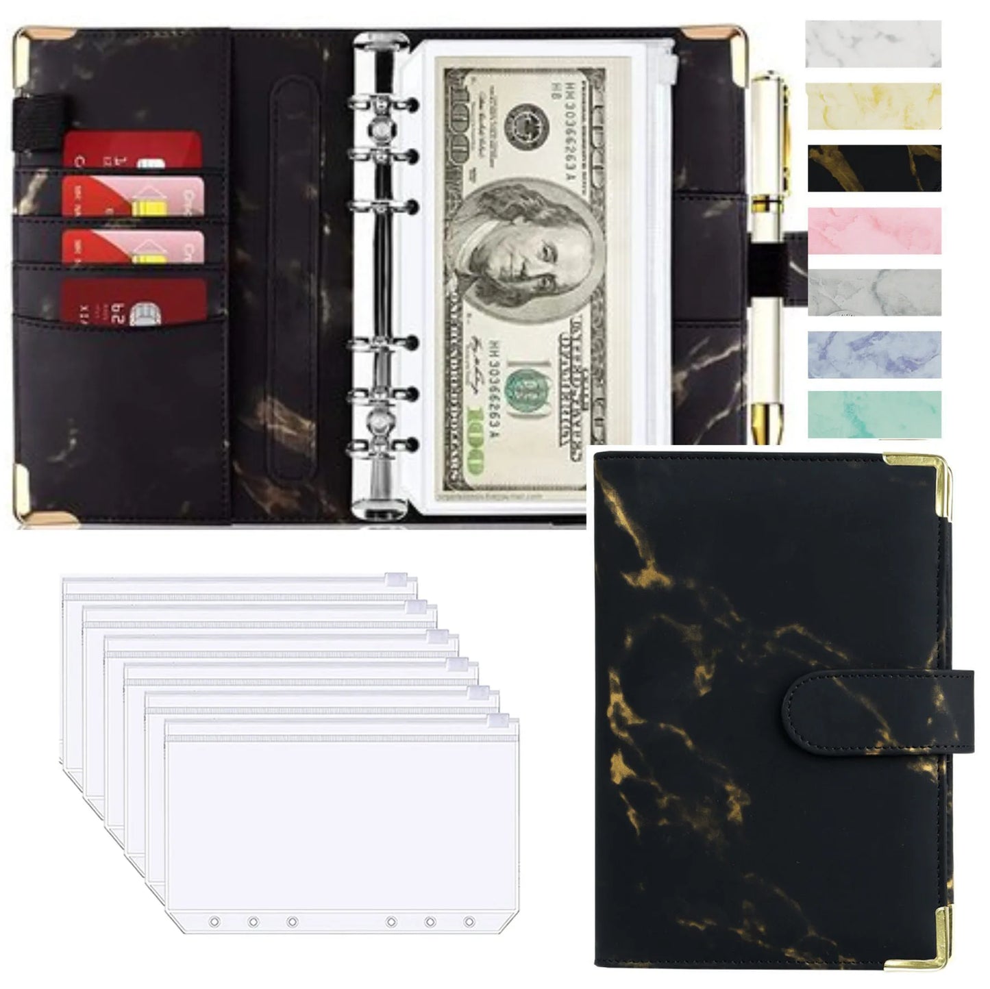A6 Budget Binder - PU Leather Money Organizer with Marble Notebook for Office  School Supplies - ZOOMNSTORE