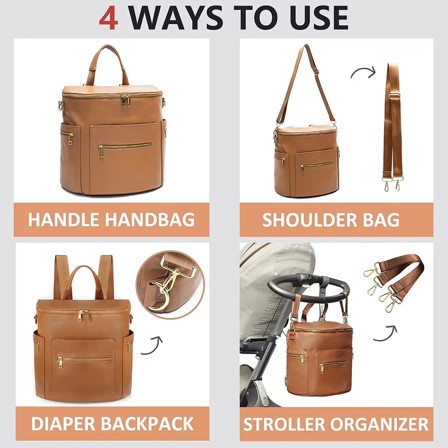 Fashion Diaper Backpack - PU Leather Mommy Bag with Changing Pad - ZOOMNSTORE