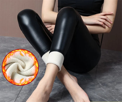 PU Leather Leggings - High Waist Fleece Lined Slim Black Warm Winter Pants - ZOOMNSTORE