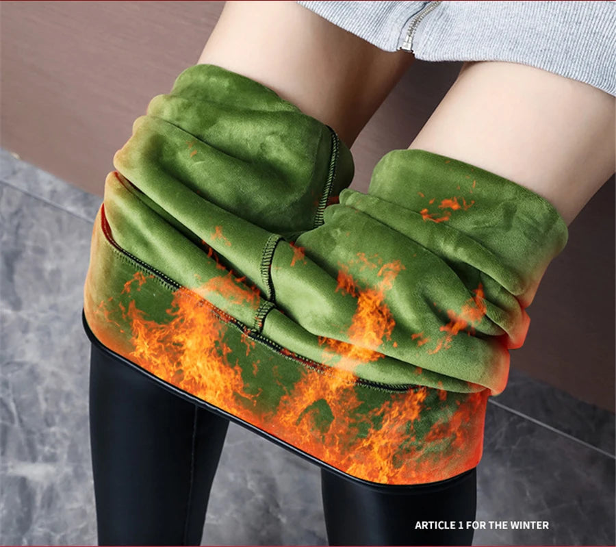 PU Leather Leggings - High Waist Fleece Lined Slim Black Warm Winter Pants - ZOOMNSTORE