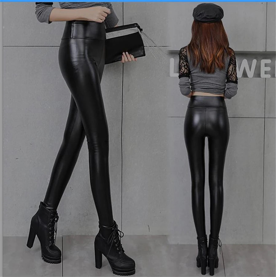 PU Leather Leggings - High Waist Fleece Lined Slim Black Warm Winter Pants - ZOOMNSTORE