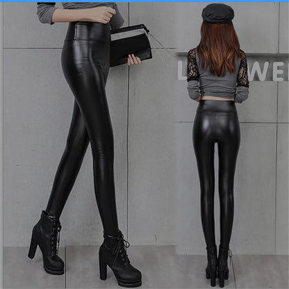 PU Leather Leggings - High Waist Fleece Lined Slim Black Warm Winter Pants - ZOOMNSTORE