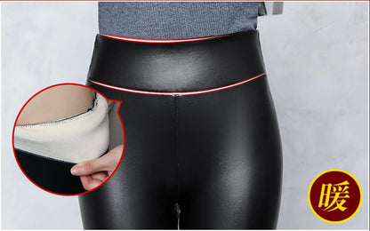 PU Leather Leggings - High Waist Fleece Lined Slim Black Warm Winter Pants - ZOOMNSTORE