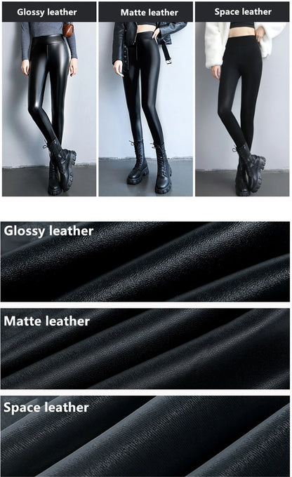 PU Leather Leggings - High Waist Fleece Lined Slim Black Warm Winter Pants - ZOOMNSTORE