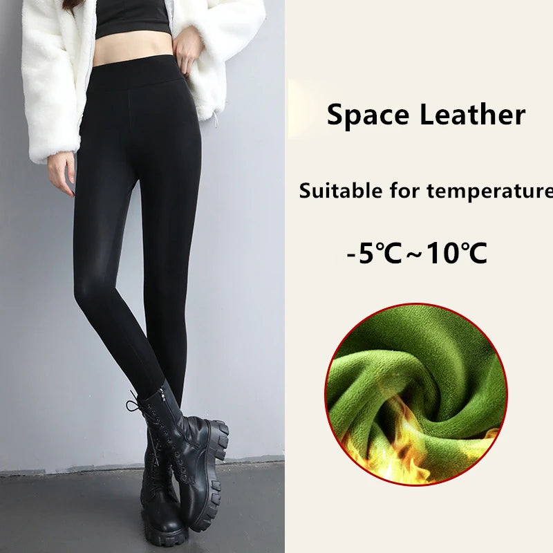 PU Leather Leggings - High Waist Fleece Lined Slim Black Warm Winter Pants - ZOOMNSTORE