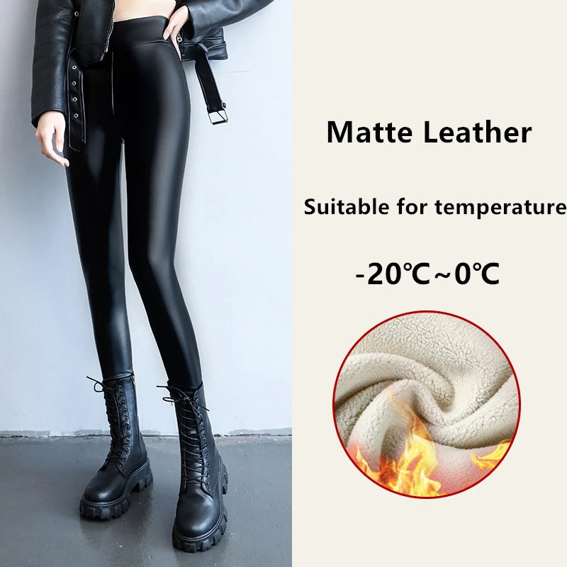 PU Leather Leggings - High Waist Fleece Lined Slim Black Warm Winter Pants - ZOOMNSTORE