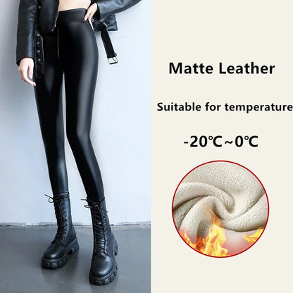 PU Leather Leggings - High Waist Fleece Lined Slim Black Warm Winter Pants - ZOOMNSTORE